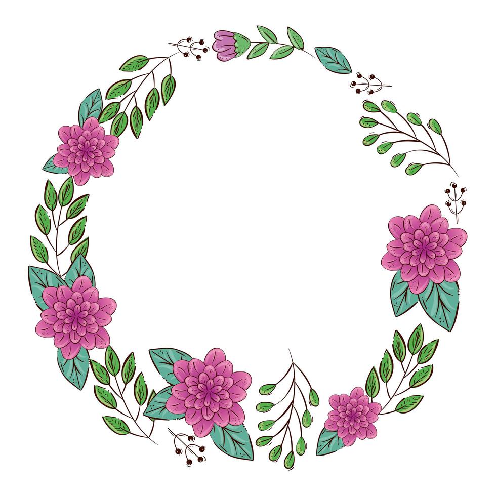 frame circular of flowers purple with branches and leafs vector