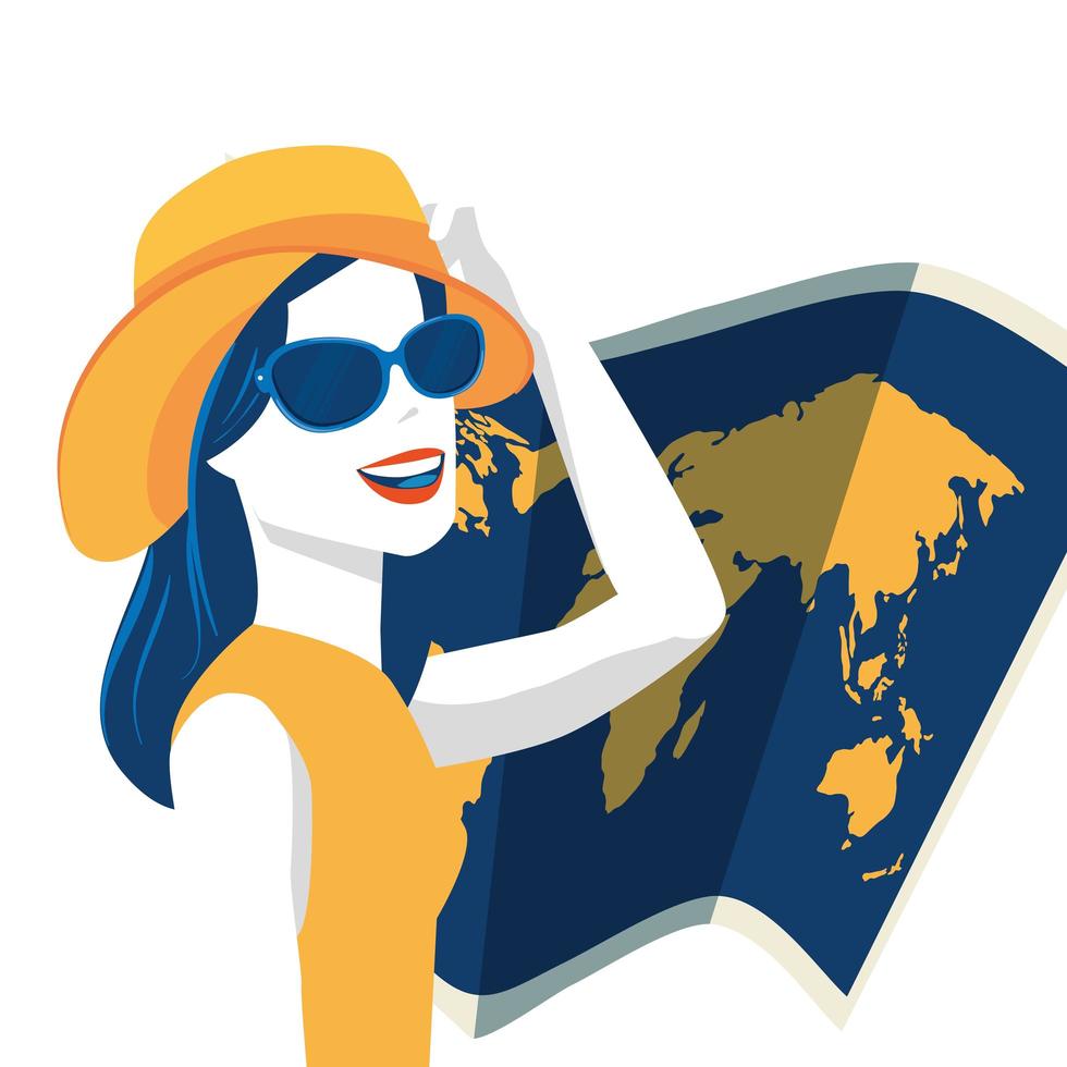 mujer con sombrero de verano y mapa de papel vector