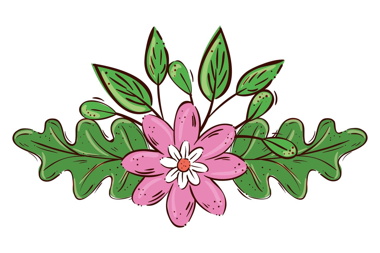 Linda flor rosa con rama y hojas icono aislado vector