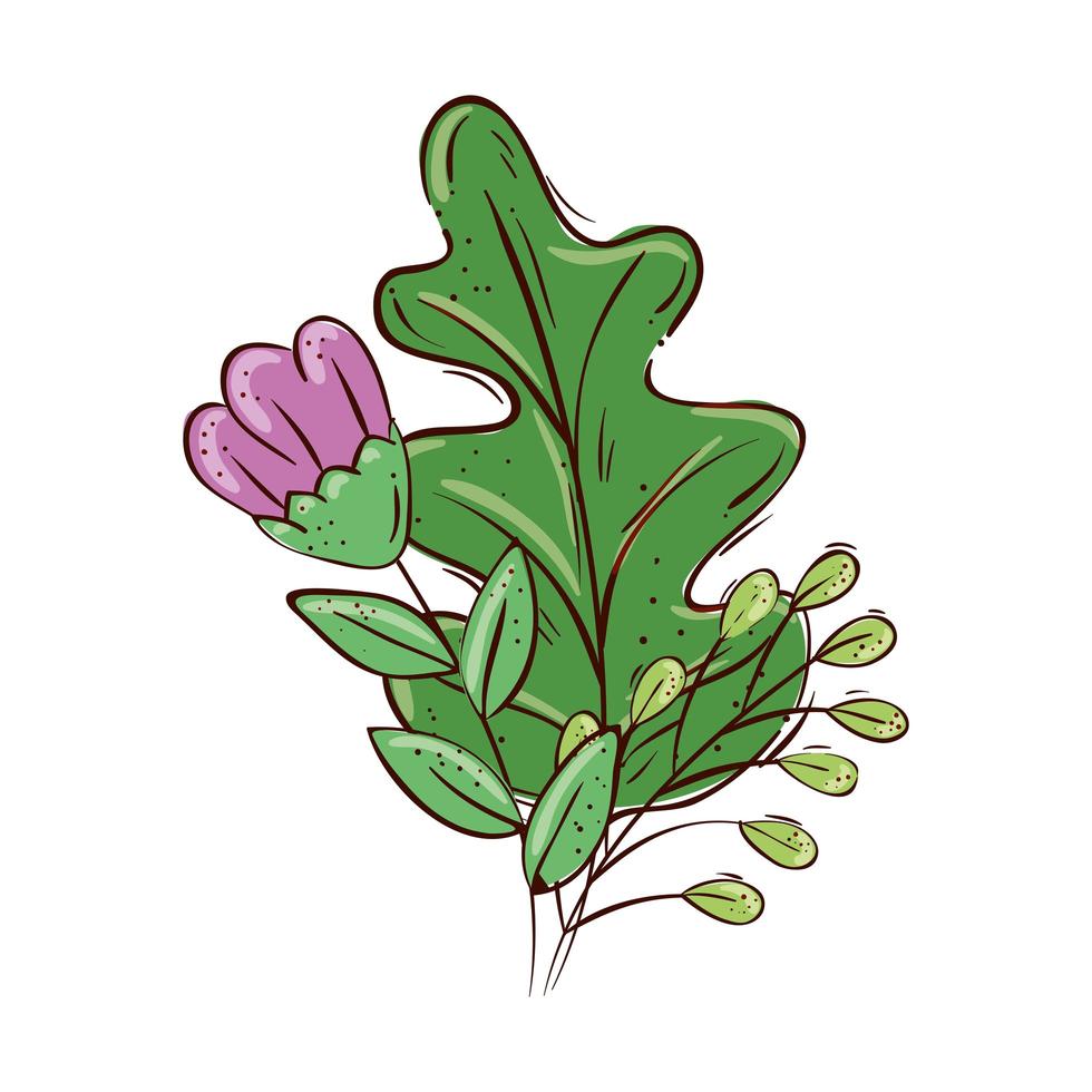 cute flower purple with branches and leafs vector