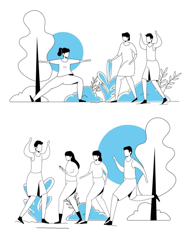 scenes of people practicing exercise vector