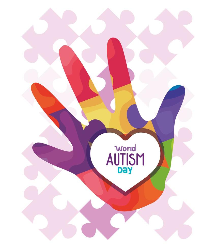 world autism day with hand and puzzle pieces vector