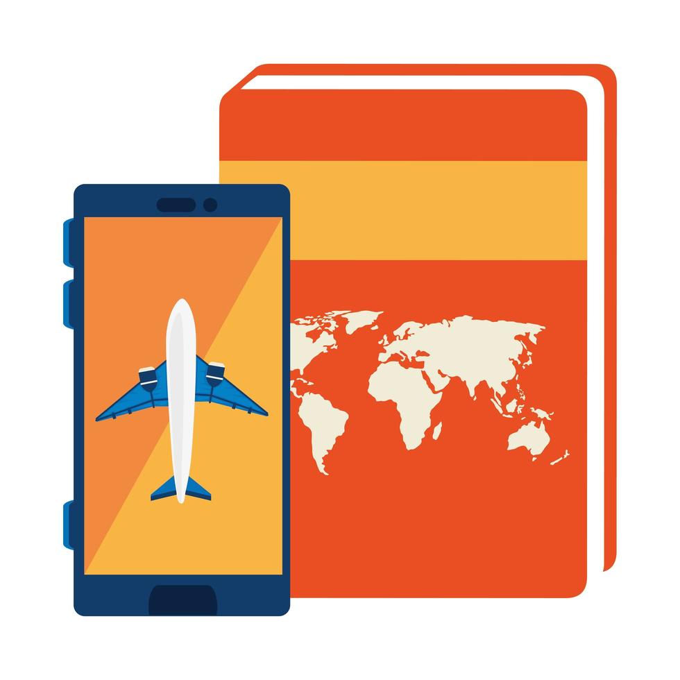 airplane in smartphone with atlas book vector