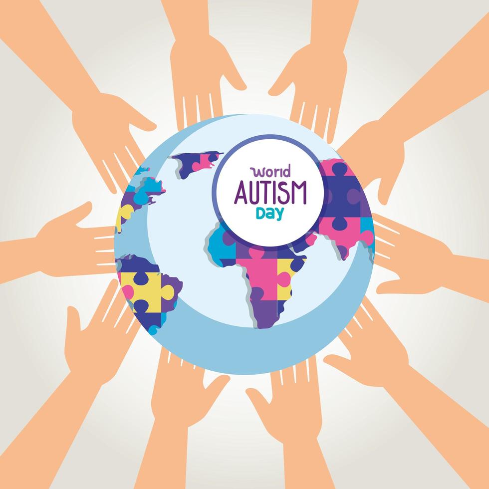 world autism day and world planet with hands vector