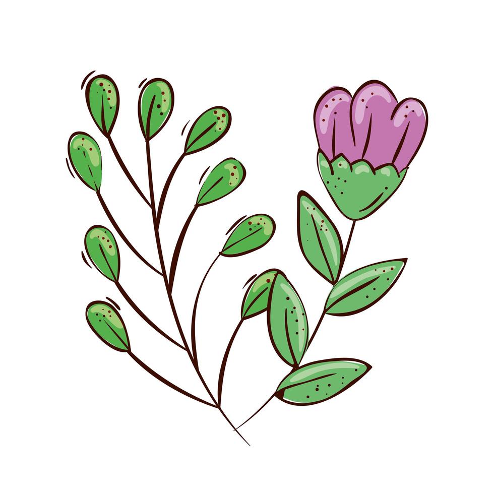 cute flower purple with branches and leafs vector