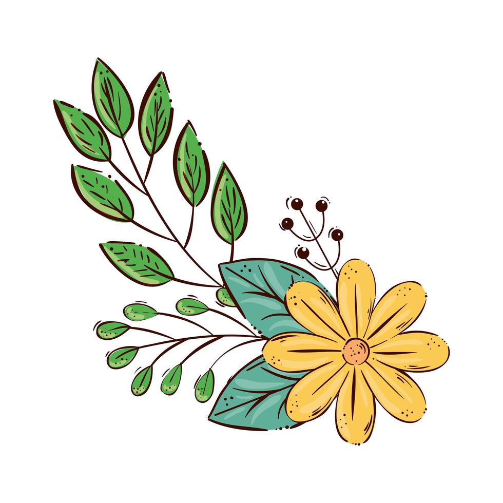 Linda flor de color amarillo con ramas y hojas icono aislado vector