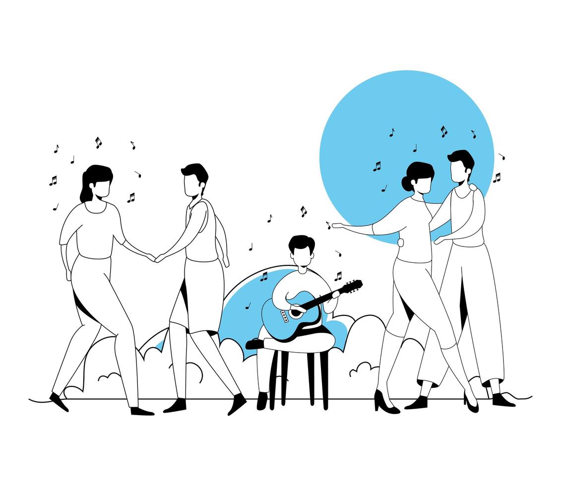 man with guitar and couples dancing vector