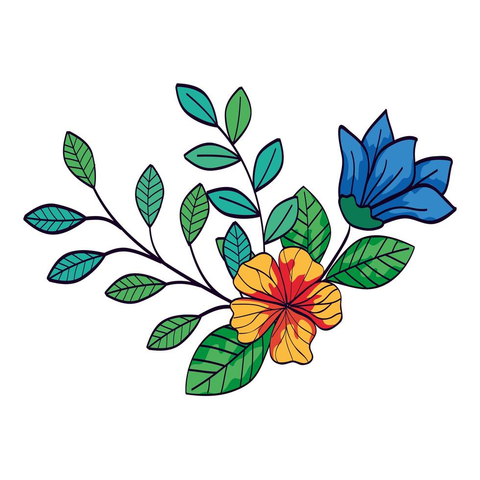 cute flowers blue and yellow color with branches and leafs vector