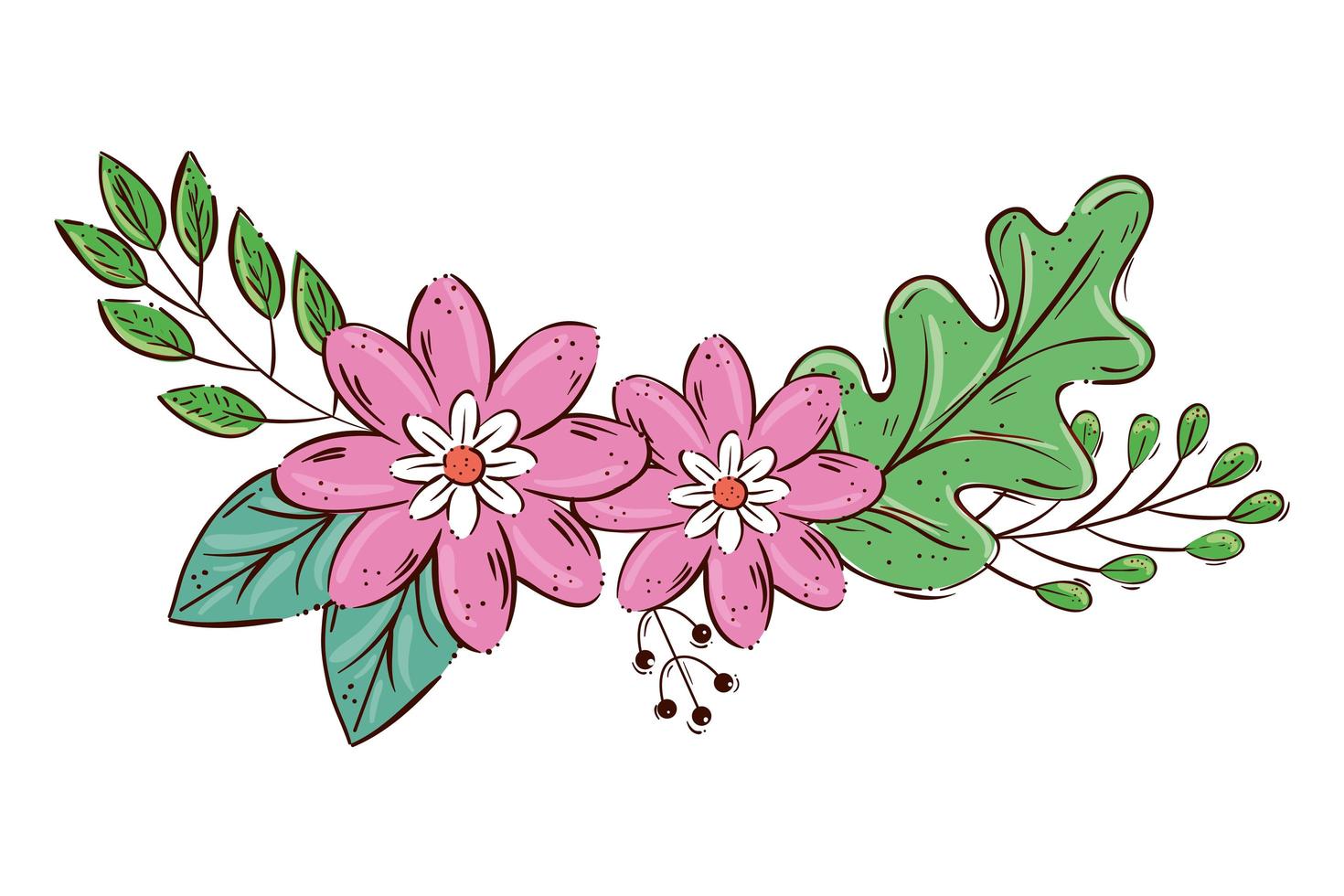 cute flowers pink with branches and leafs isolated icon vector