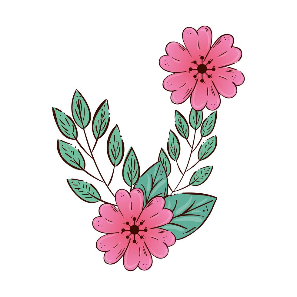 Lindas flores rosadas con rama y hojas icono aislado vector