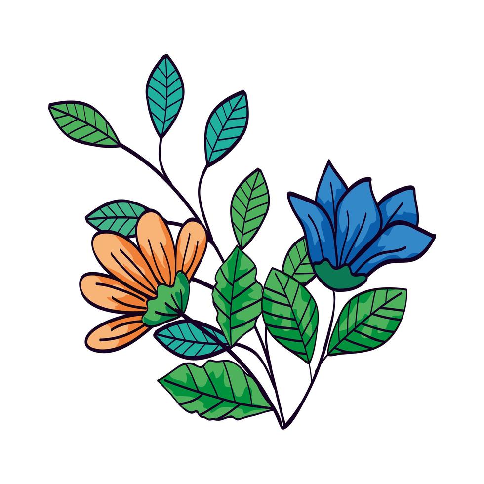 cute flowers blue and yellow color with branches and leafs vector