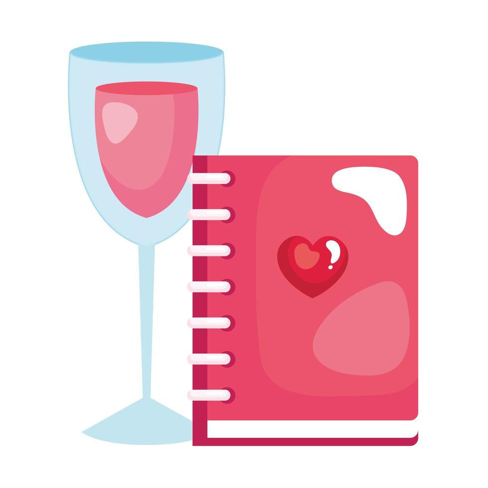 notebook with heart and cup glass with wine vector