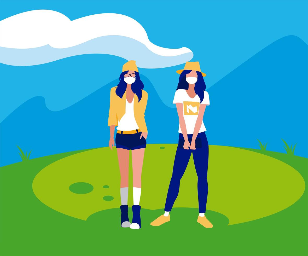 Women avatars with masks outside vector design