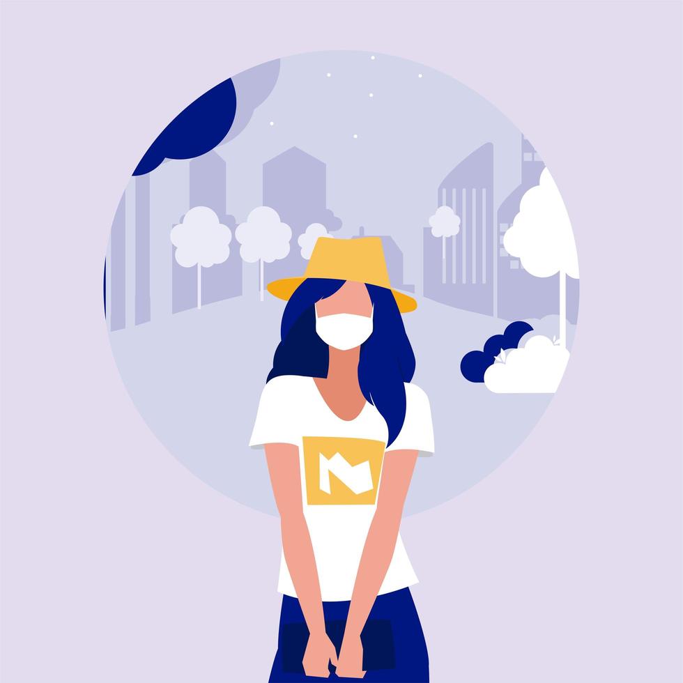 Woman with mask at park vector design