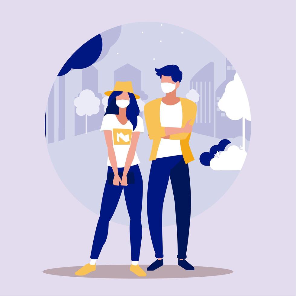 mujer y hombre, con, máscara, en, parque, vector, diseño vector