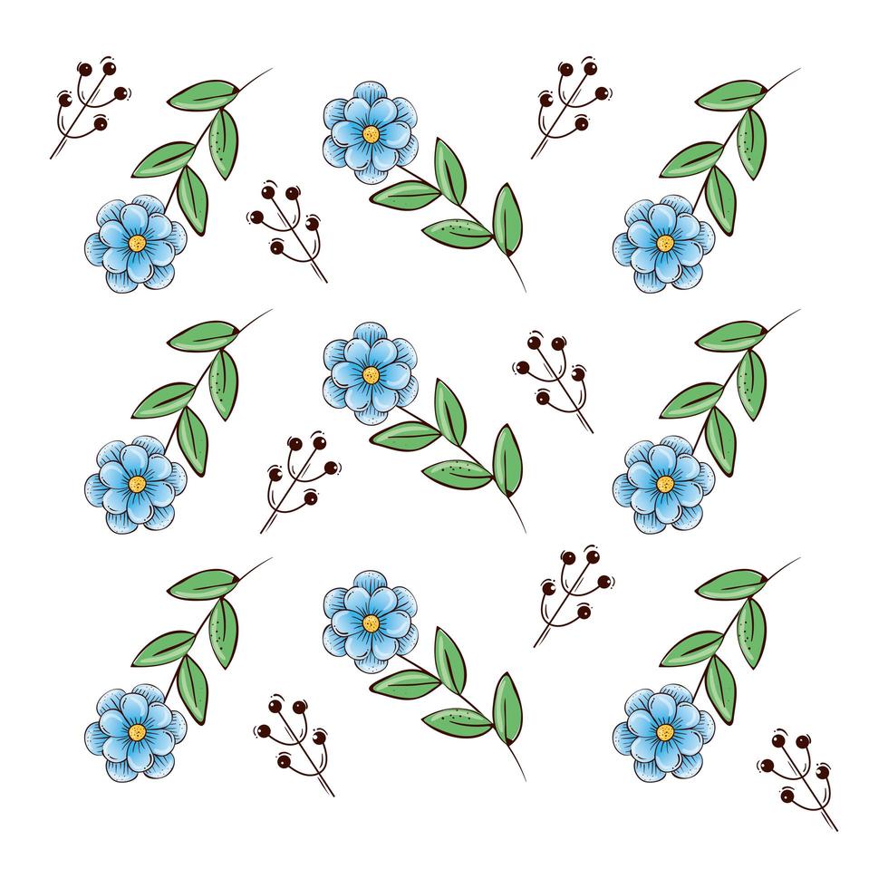 fondo de flores azules con ramas y hojas vector