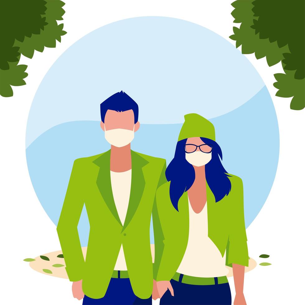 Woman and man avatar with mask outside vector design