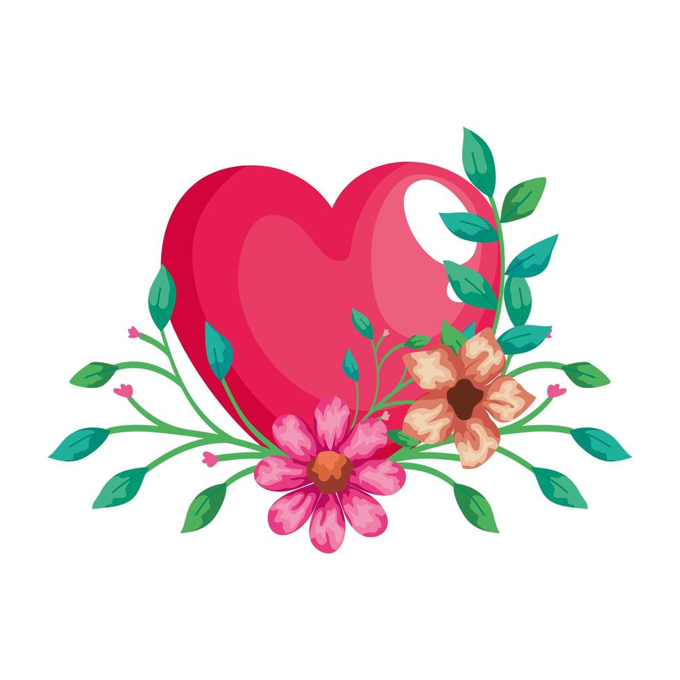 lindo corazón rosa con decoración de flores y hojas vector