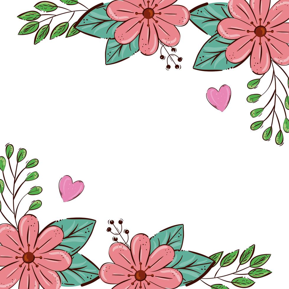 frame of flowers pink color with leafs and hearts vector