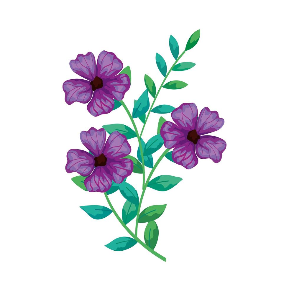 Lindas flores de color púrpura con ramas y hojas icono aislado vector