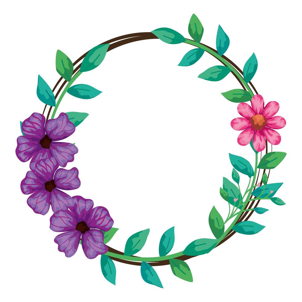 frame circular of flowers with branches and leafs vector