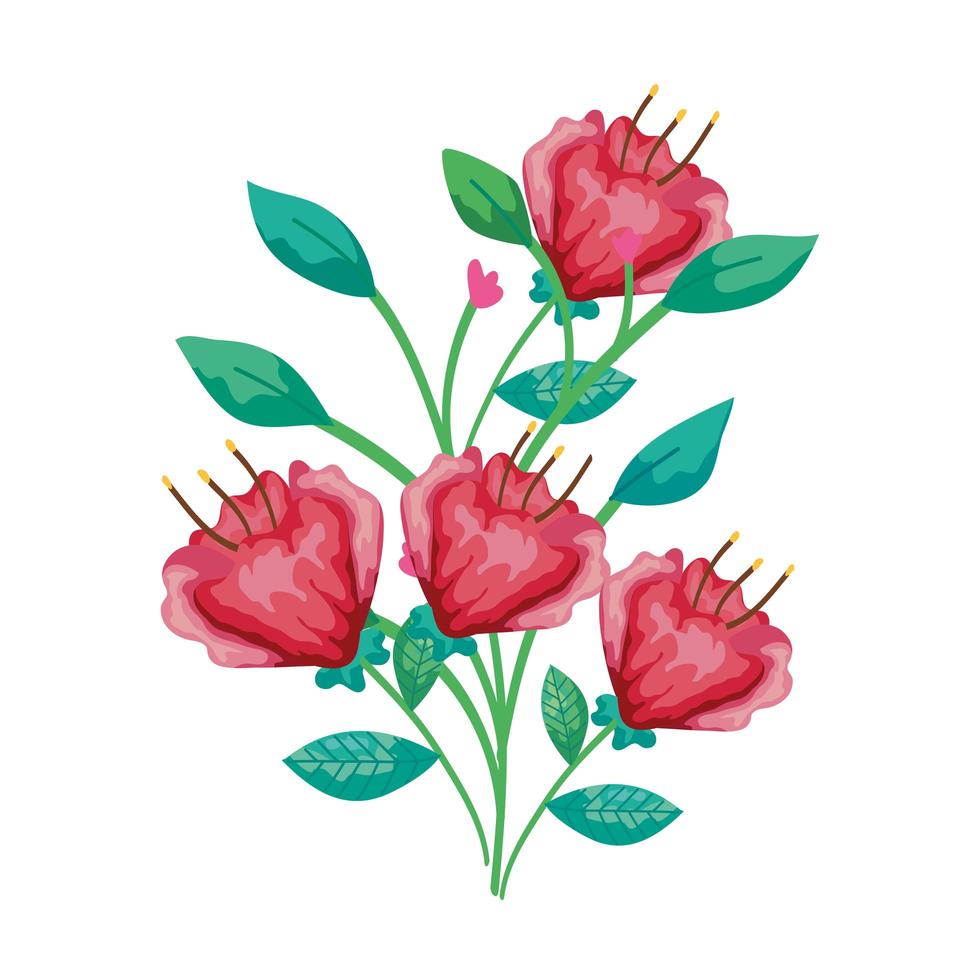 cute flowers red with branches and leafs isolated icon vector