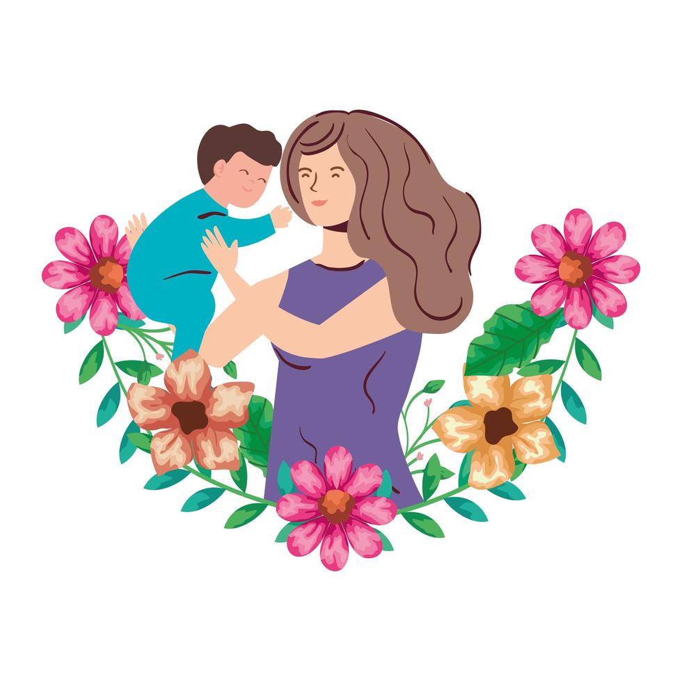 mother lifting baby boy with flowers decoration vector