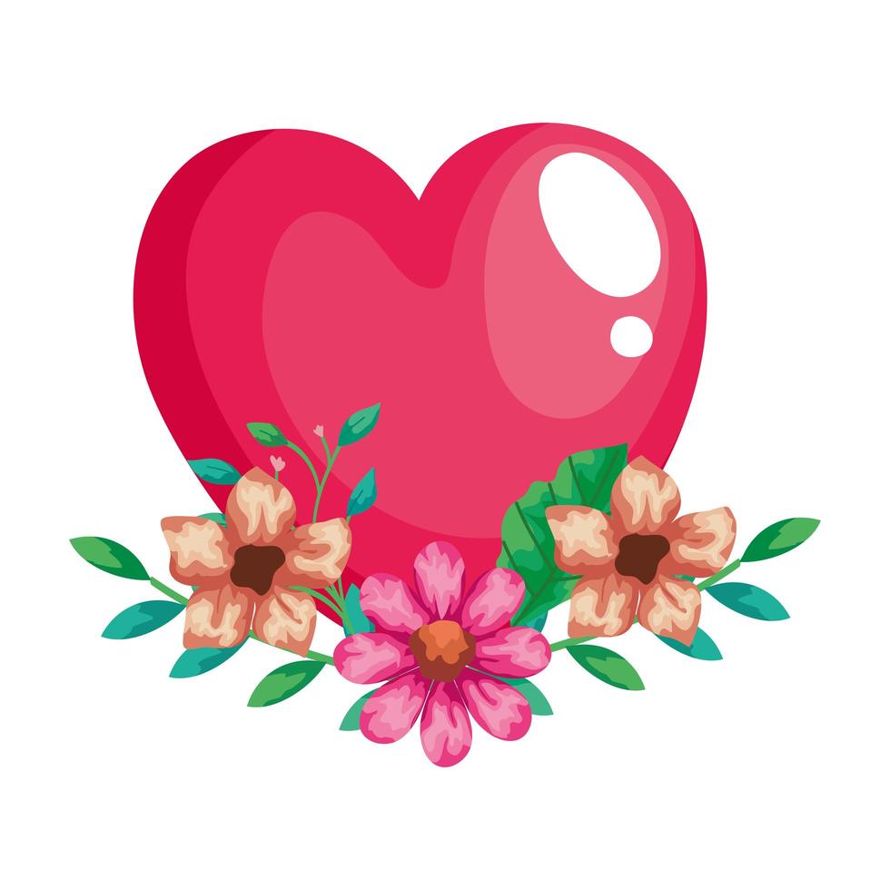 cute heart pink with flowers and leafs decoration vector