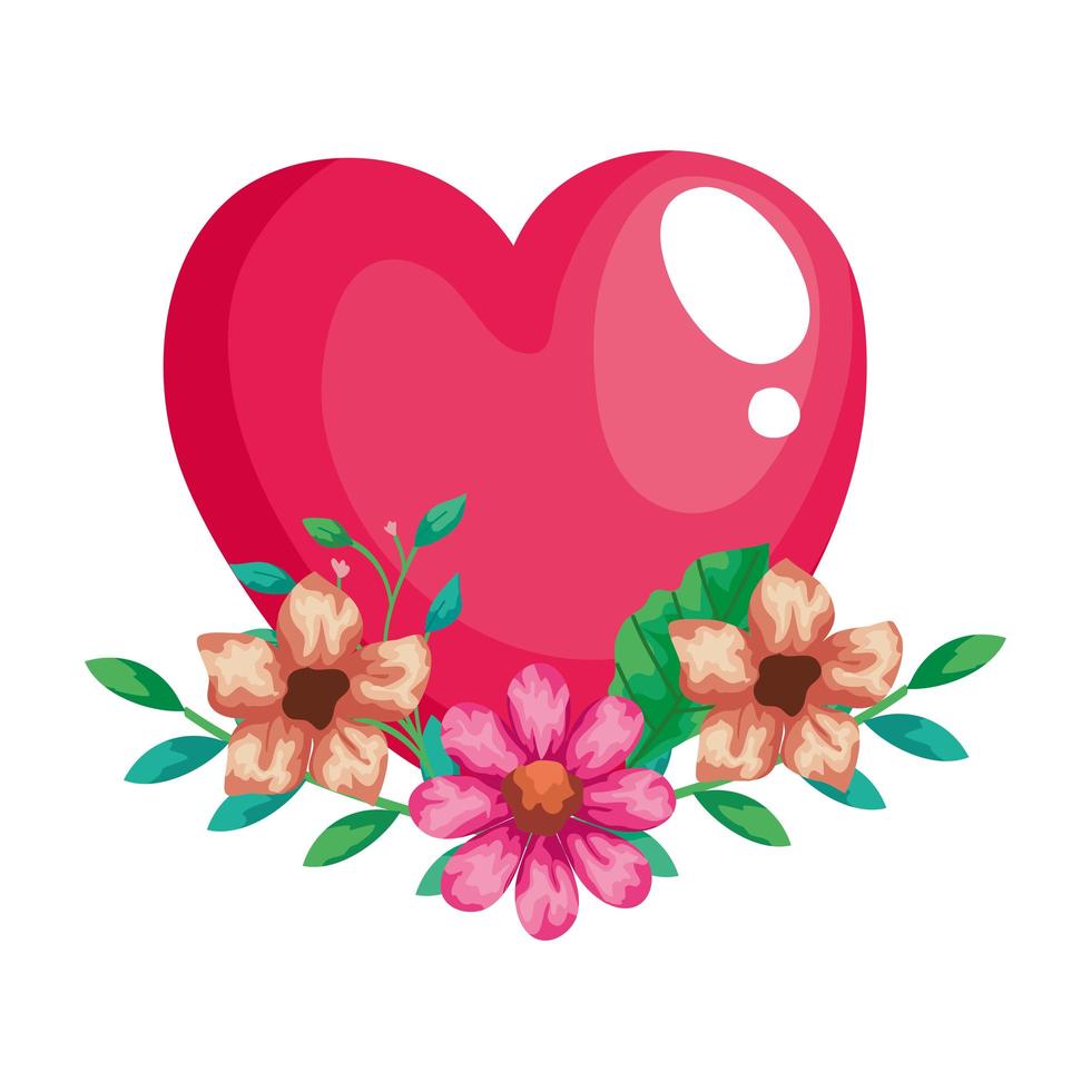 lindo corazón rosa con decoración de flores y hojas vector