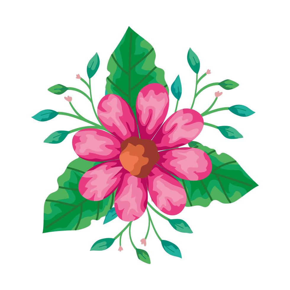 cute flower pink with branches and leafs isolated icon vector