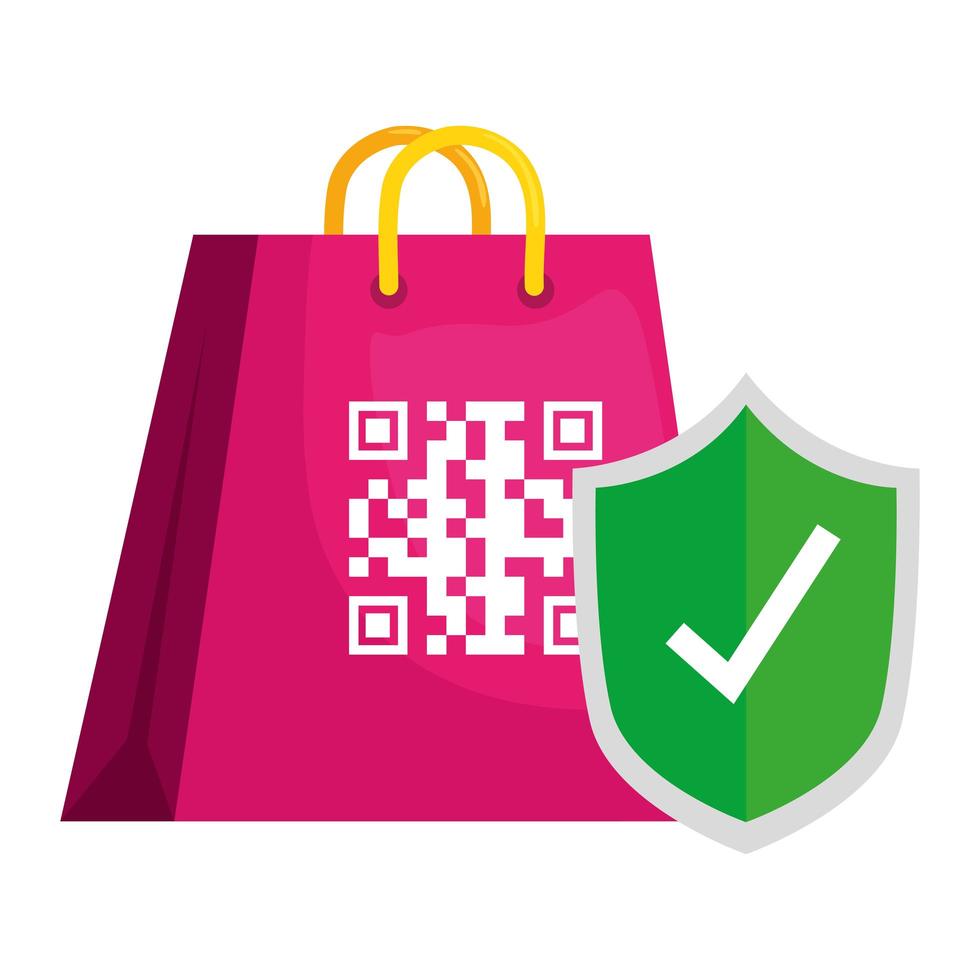 código qr sobre diseño de vector de bolsa y escudo