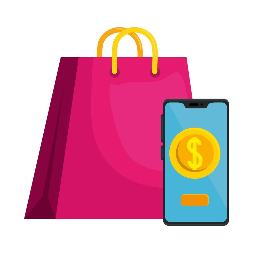 Bolsa de compras aislada y teléfono inteligente con diseño de vector de moneda