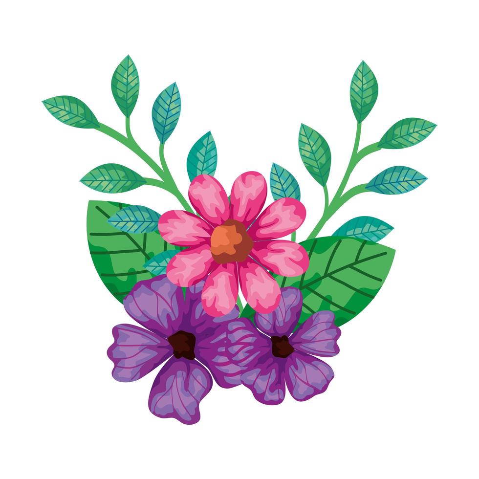 cute flowers pink and purple color with leafs vector