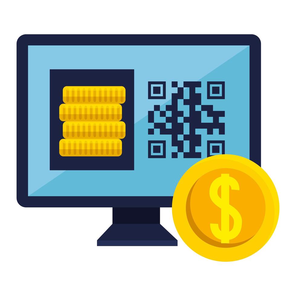 qr code inside computer and coins vector design