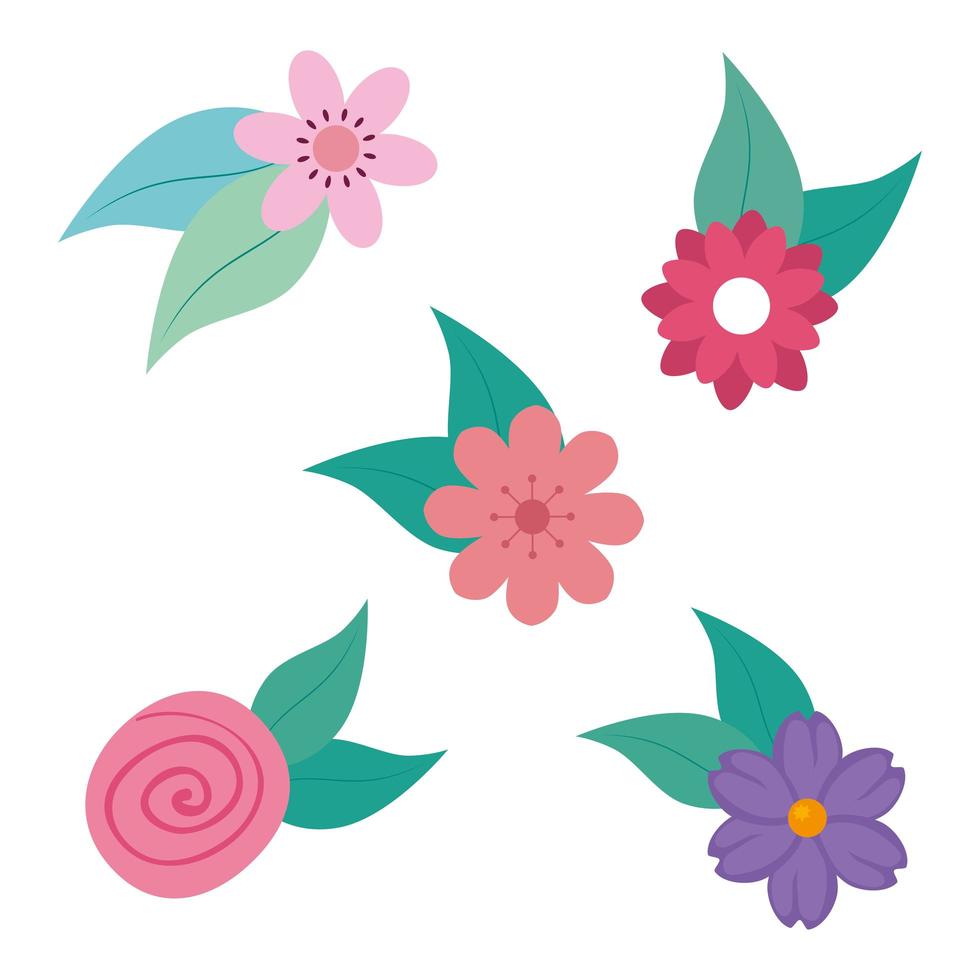 conjunto de lindas flores con hojas naturales vector