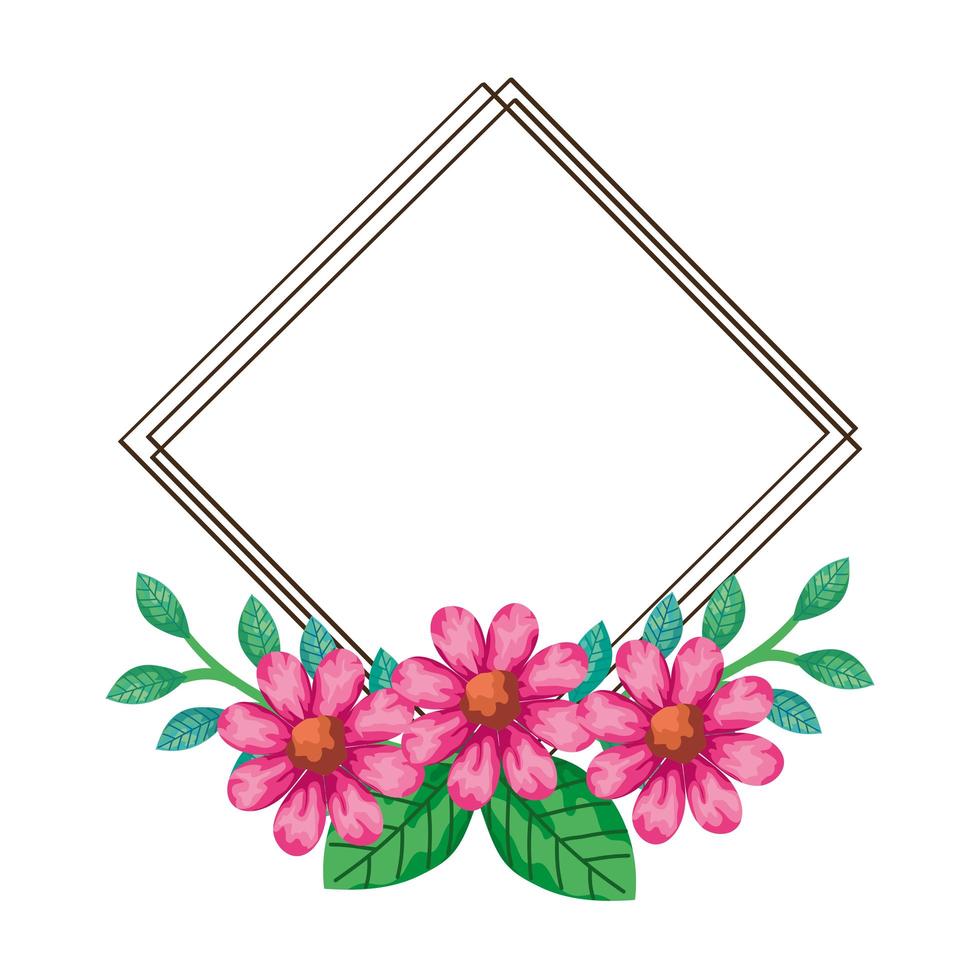 frame of flowers pink color with branches and leafs natural vector