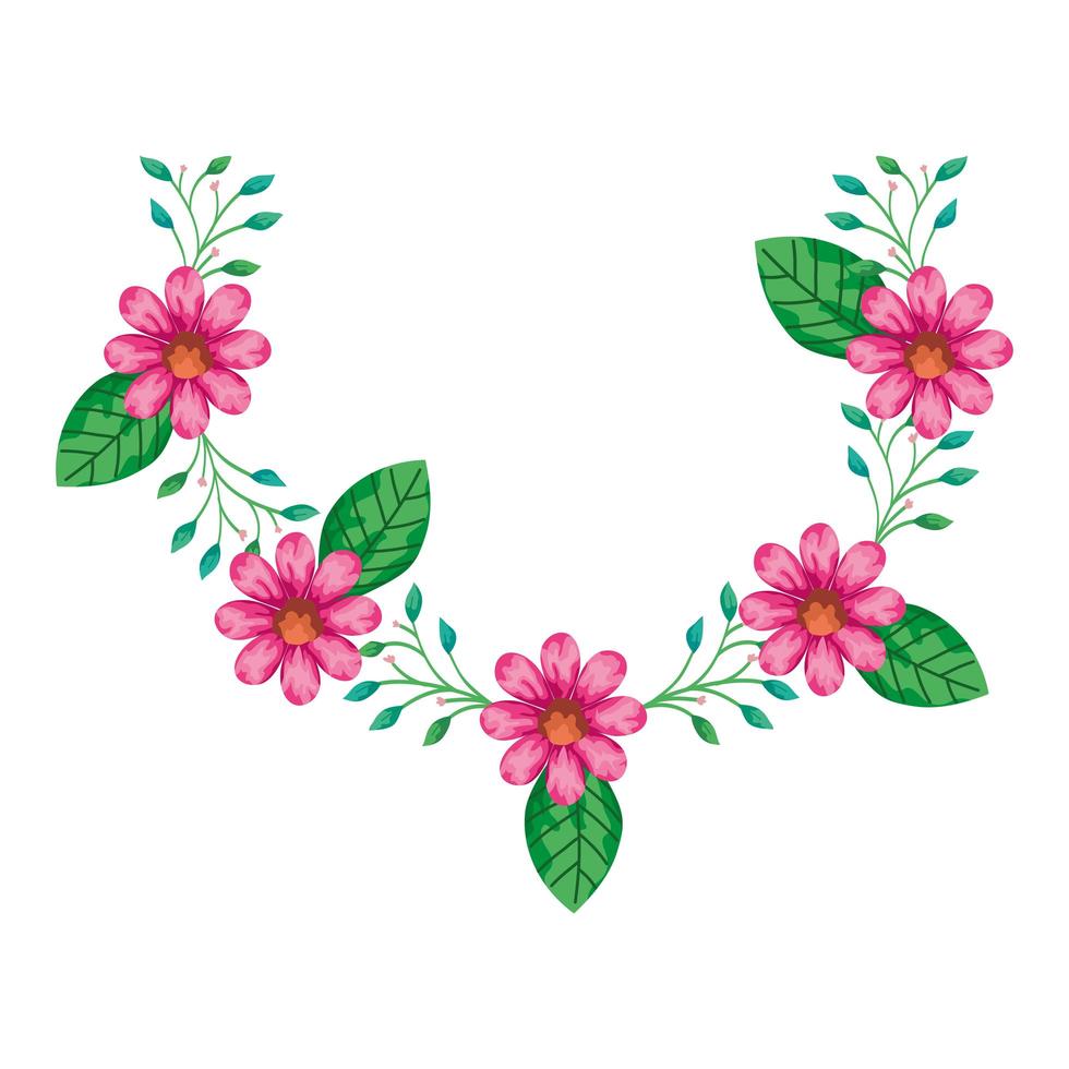 decoration of cute flowers pink color with branches and leafs vector