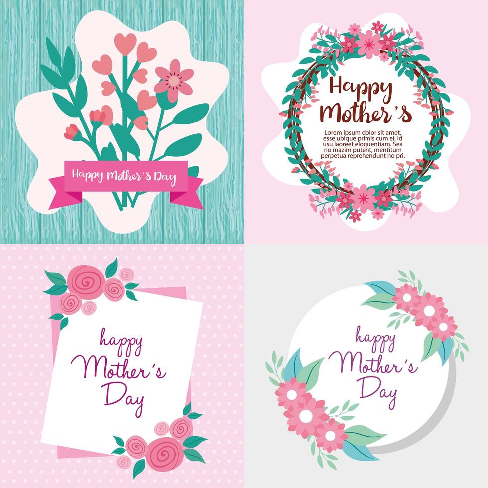 Establecer tarjetas de feliz día de la madre con decoración de flores. vector