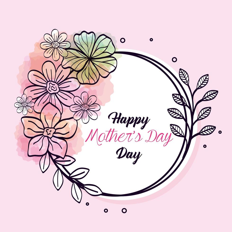 Feliz día de la madre tarjeta y marco circular con decoración de flores. vector