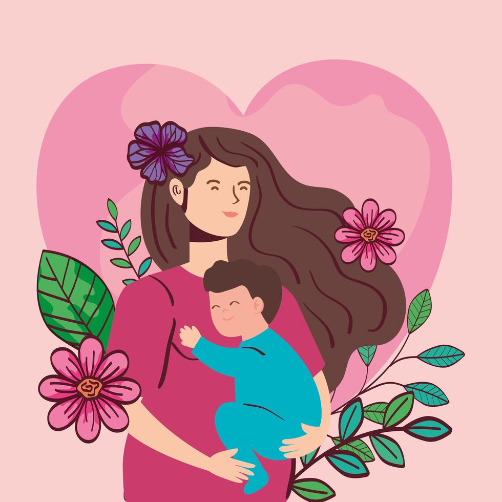 woman pregnant carrying baby boy with flowers decoration vector