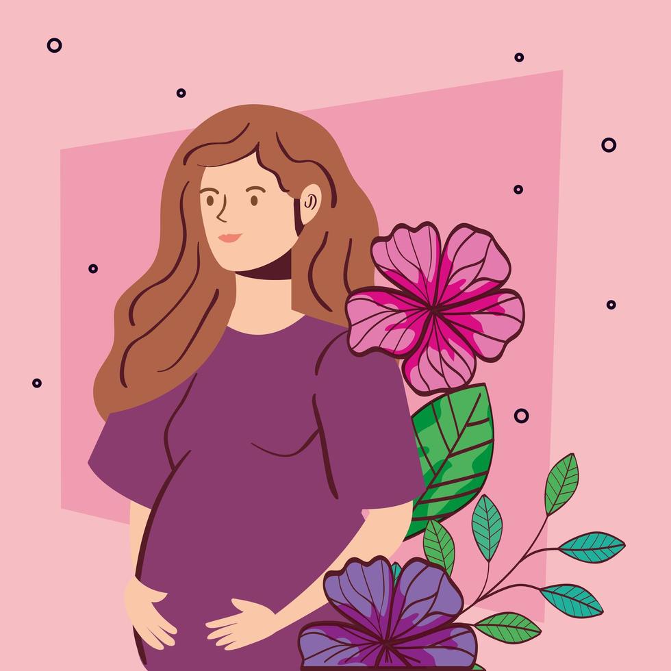 cute woman pregnant with flowers decoration vector