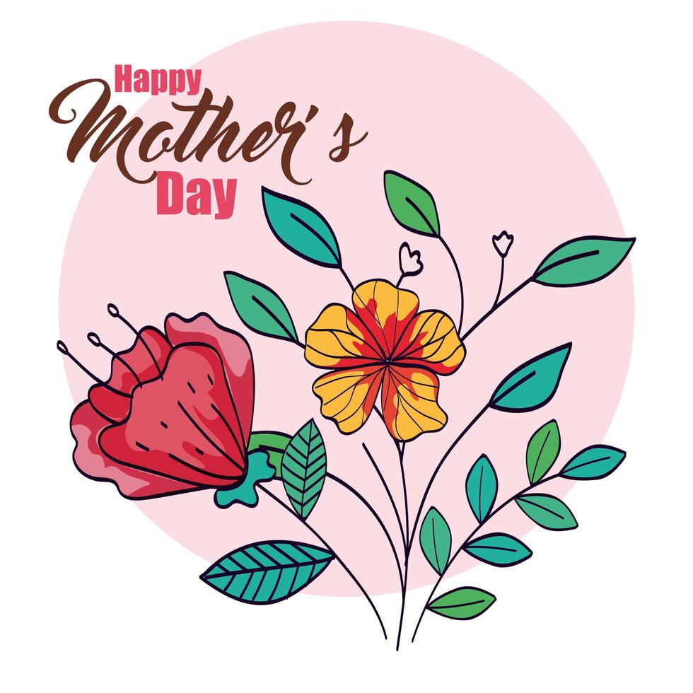 Tarjeta del feliz día de la madre con decoración de flores y hojas. vector