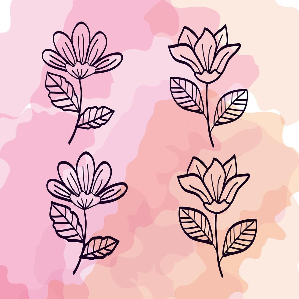 set of cute flowers with branches and leafs vector