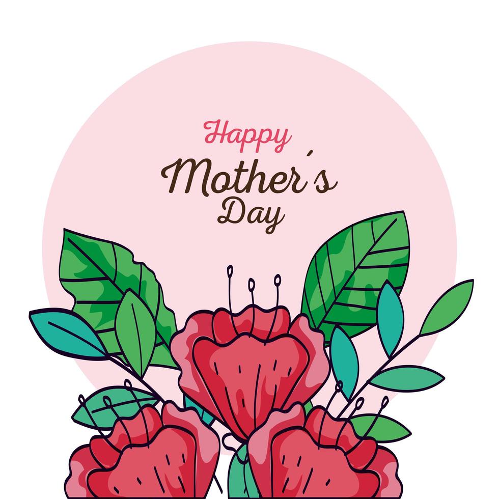 Tarjeta del feliz día de la madre con decoración de flores y hojas. vector