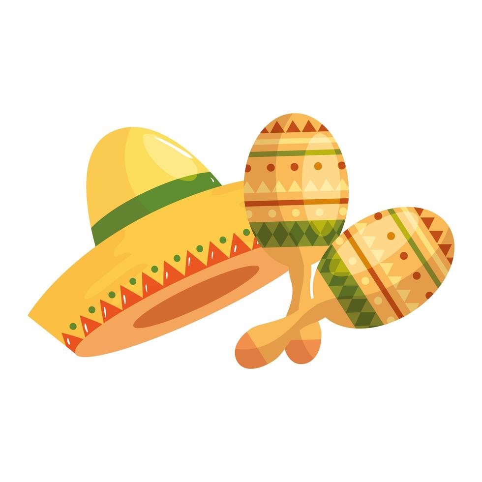 Diseño de vector de sombrero mexicano aislado y maracas