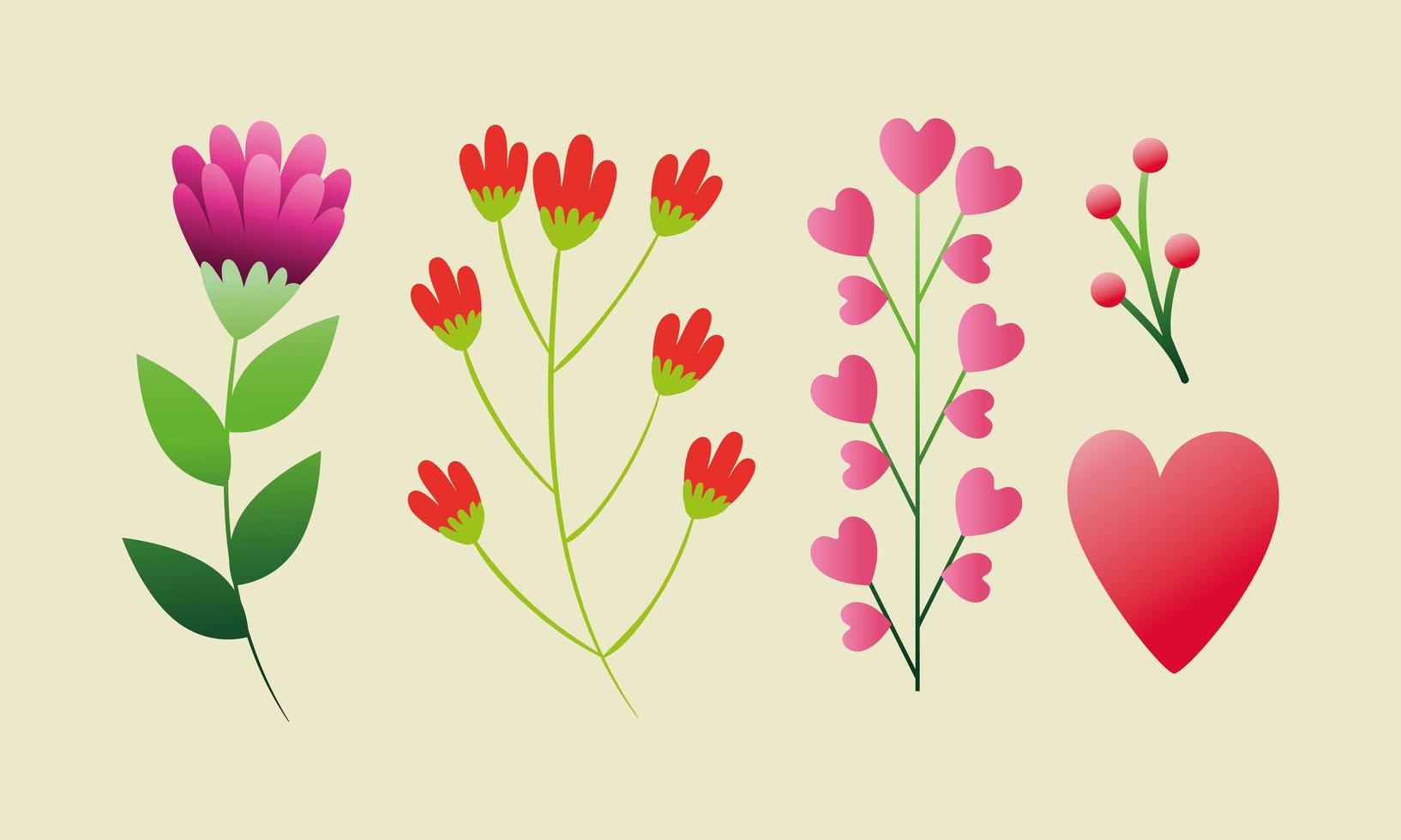 set of cute flowers with branches and leafs vector