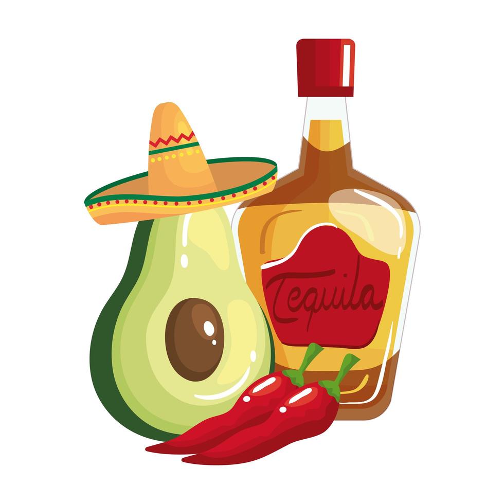 Diseño vectorial de chiles y aguacate de botella de tequila mexicano aislado vector