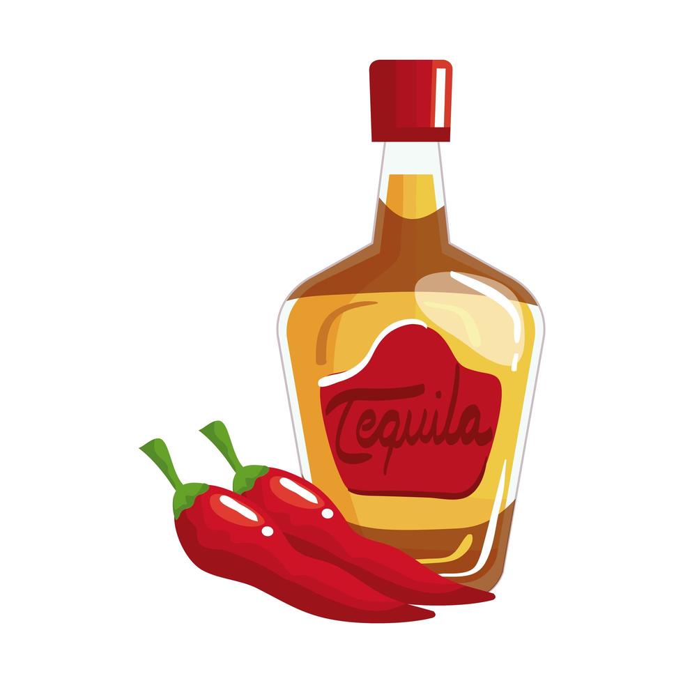 Isolated mexican tequila bottle and chillis vector design