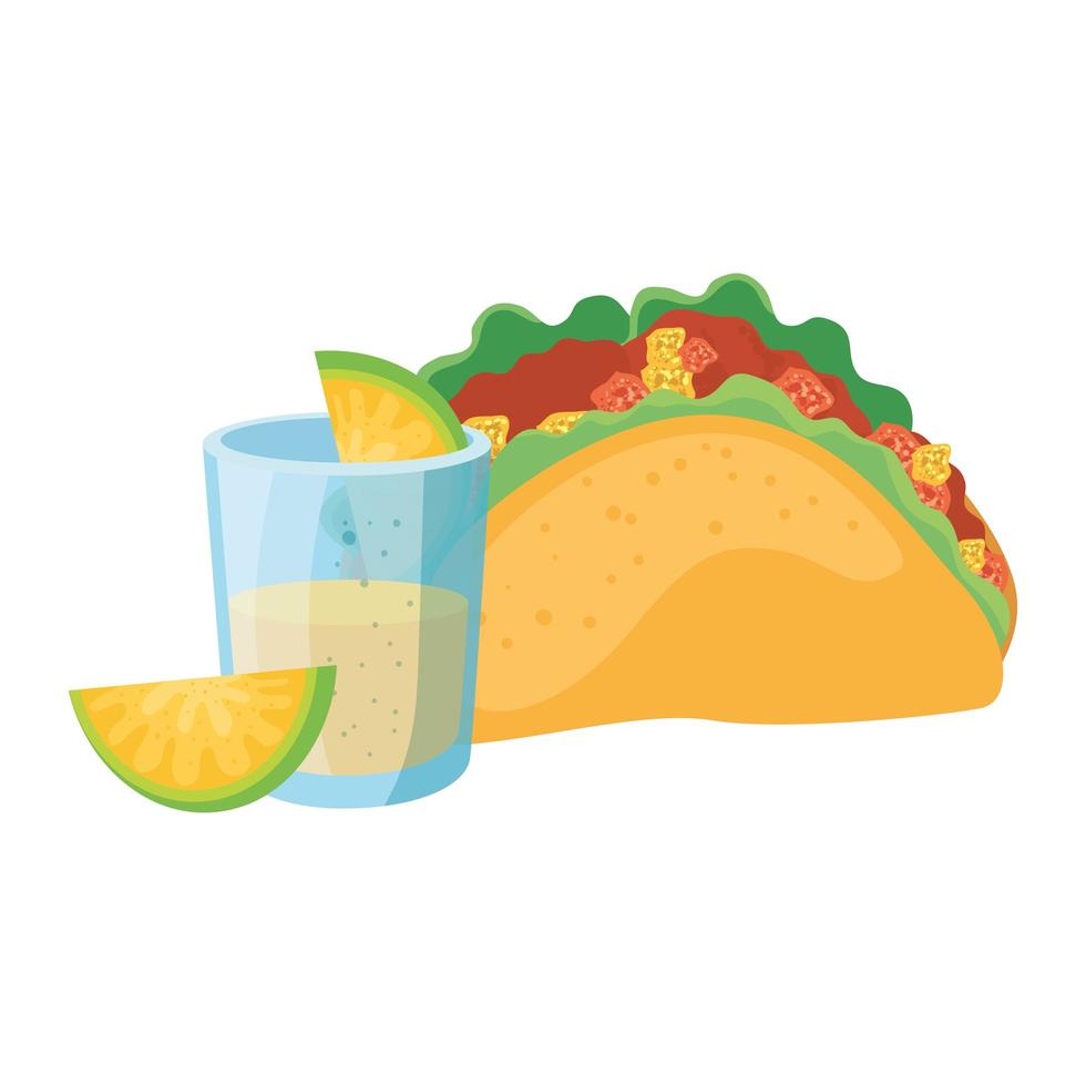 Diseño de vector de taco mexicano aislado y tequila shot