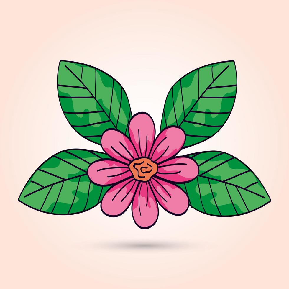 cute flower pink color with leafs vector